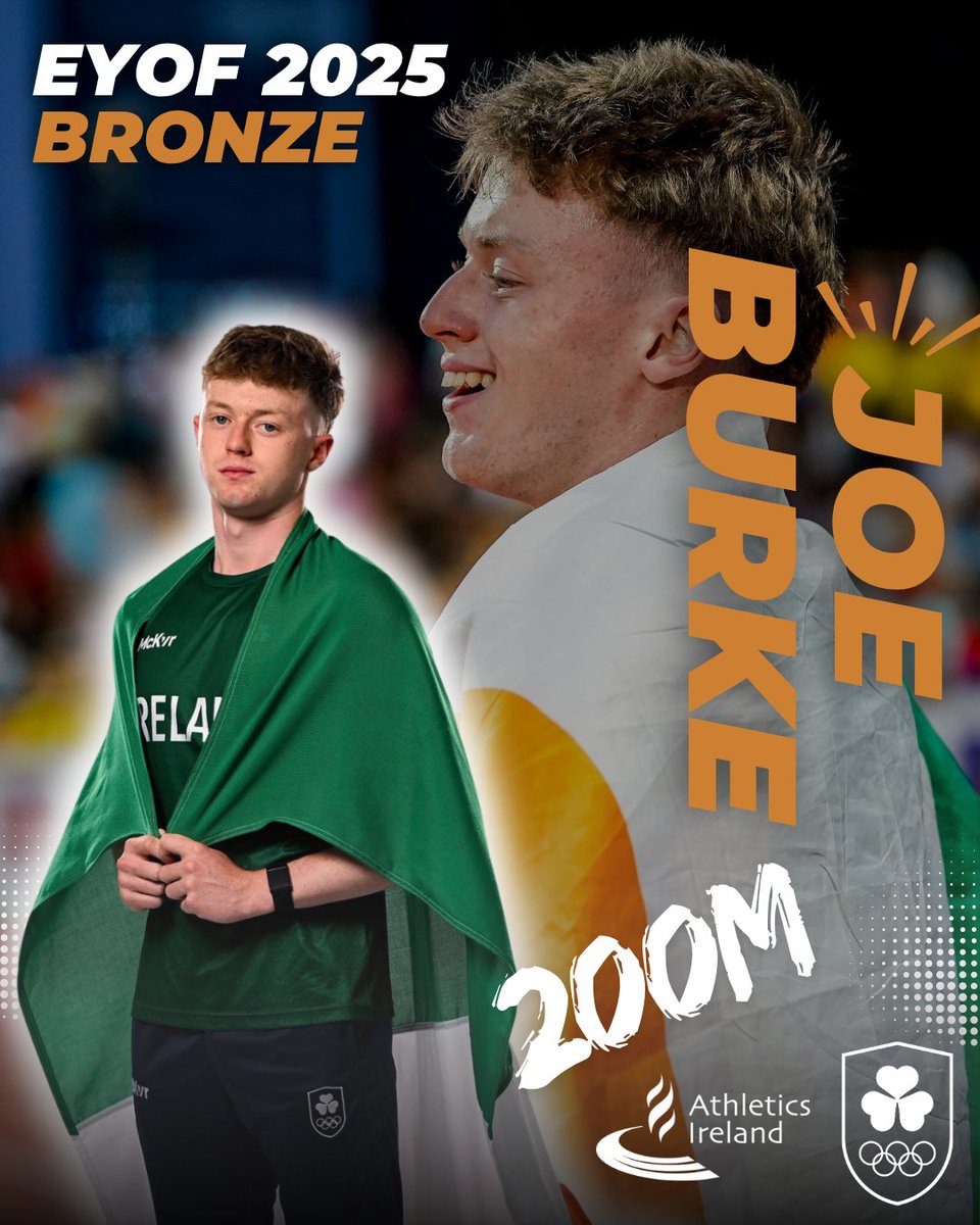 Joe Burke wins bronze! 🥉

The athletics medals keep coming at the European Youth Olympic Festival in Skopje, North Macedonia, as Joe Burke (Templemore AC) wins bronze in the Boys 200m 🤩

⏱️ 21.22 PB

#IrishAthletics #TeamIreland #EYOF2025 #Skopje2025