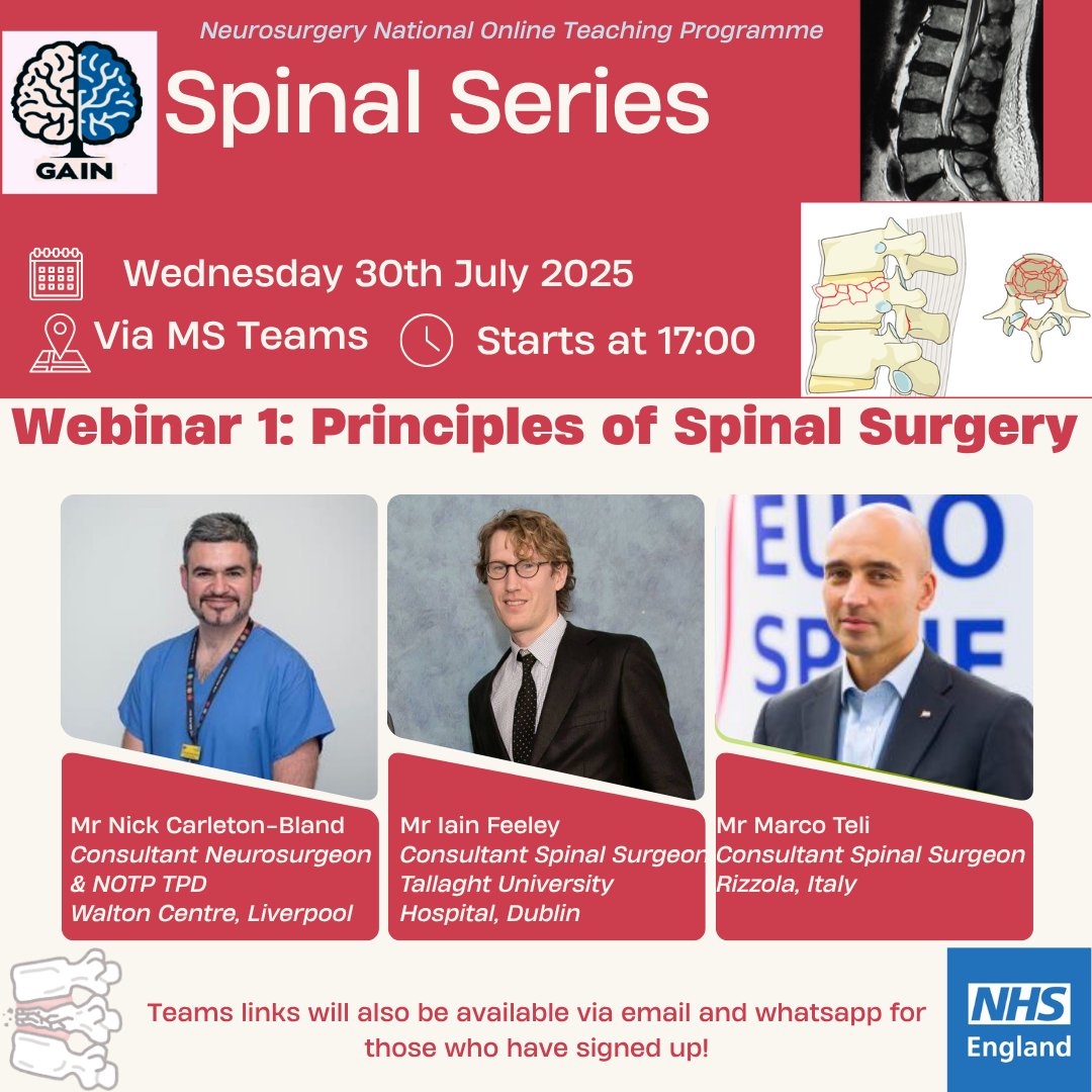 GAINProgram's tweet image. GAIN returns next week with the start of our Spinal Webinar series. All neurosurgical trainees and resident doctors in the UK and Ireland are welcome to our curriculum focussed webinars, and further teaching resources. Sign up link in bio!