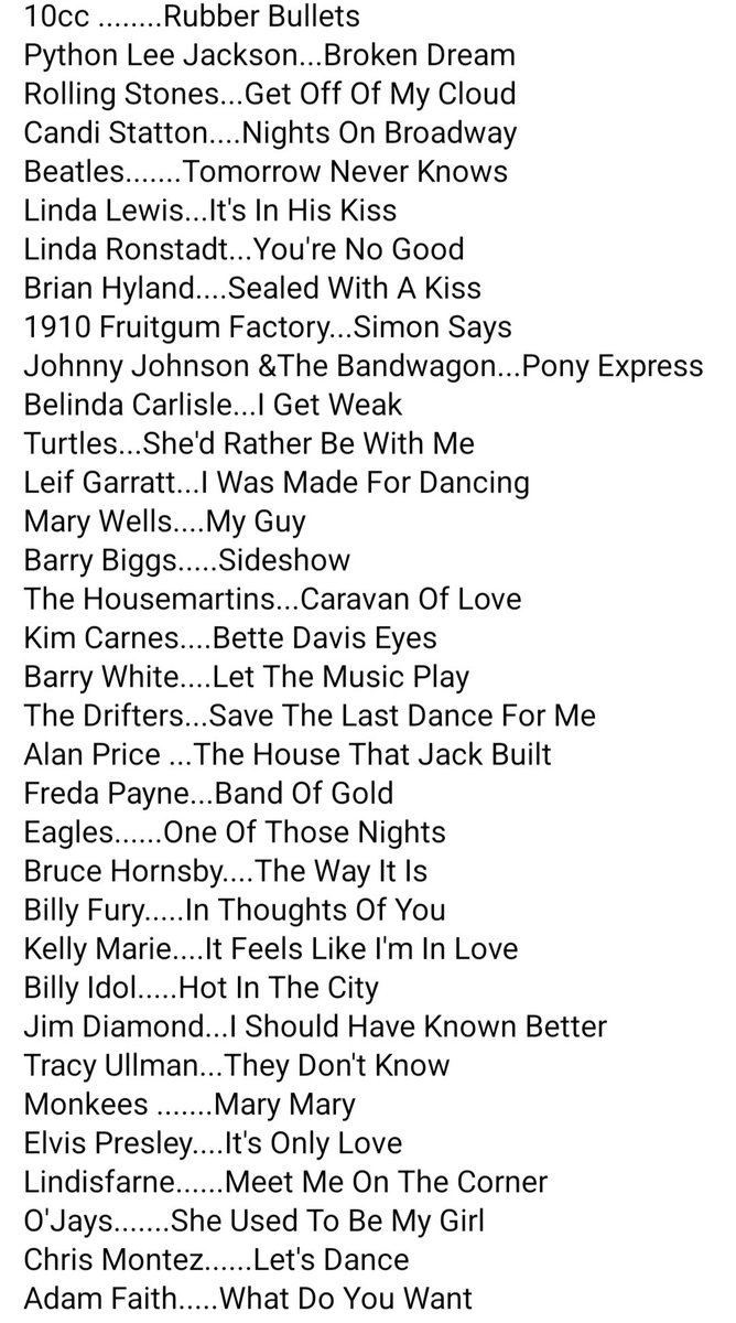 Years98fm's tweet image. Join us tonight 10pm UK time on @phoenixfm 98fm DAB (Southend to Billericay only atm) &worldwide online for two hours of great tracks from 1955-1989. Click the link to listen live online
phoenixfm.com/listen-live/
Here's the playlist (click photo for full list)