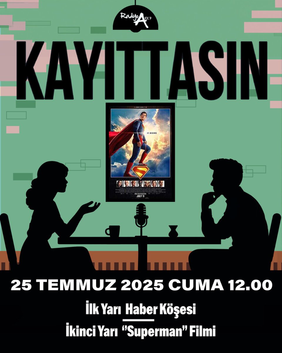 Güncel, komedi, sanat, drama yani popüler kültüre dair her şeyin konuşulduğu program Kayıttasın, yeniden Cuma gününde!

Kayıttasın programında bu hafta ‘Superman’ filmi konuşulacak. 

Hilal Alanç ve Enes Turan’ın hazırlayıp sunduğu Kayıttasın, her cuma saat 12.00’de 101.7 Radyo