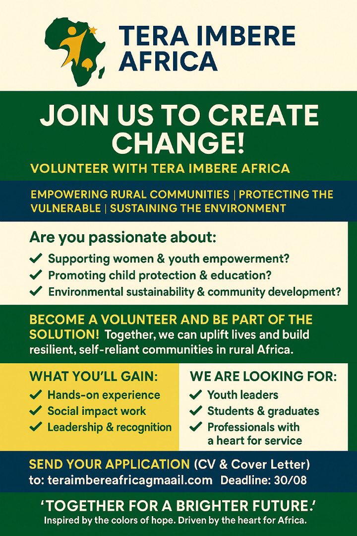 __moonshade__'s tweet image. Join Tera Imbere Africa Foundation and be part of a growing movement for positive change across Africa!
π Location: Tumba, Huye β Rwanda
π Open to all nationalities
π© Apply here: docs.google.com/forms/d/e/1FAIβ¦ teraimbereafricafoundation@gmail.com
π 0782210339