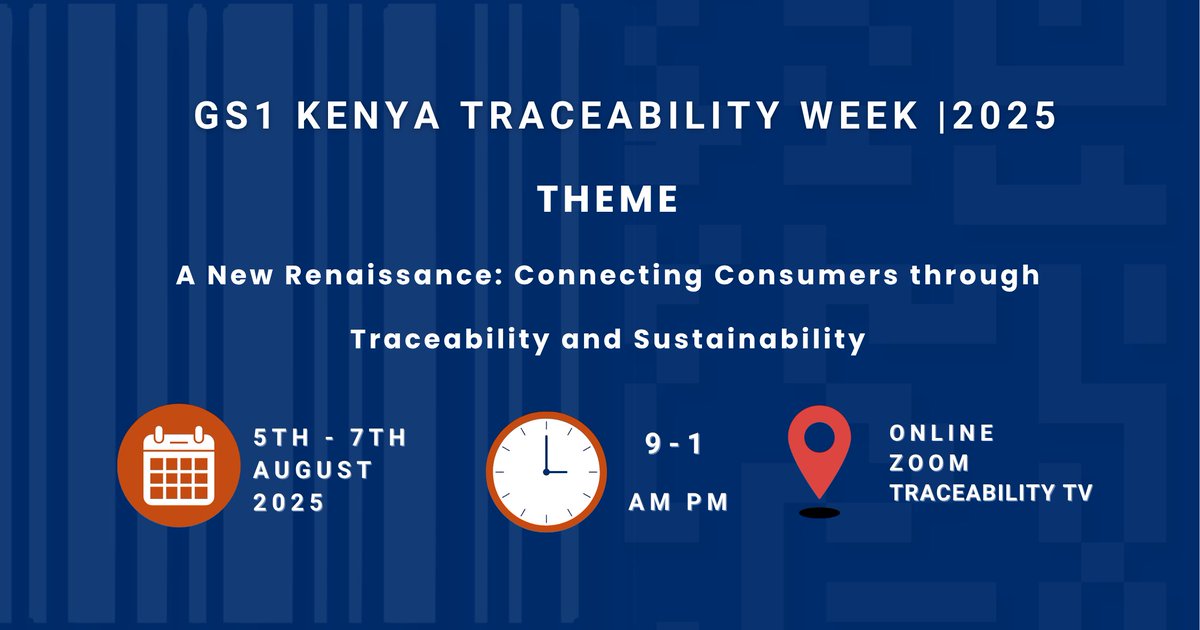 gs1Kenya's tweet photo. Traceability Week 2025 is on!
3-Day Online Event | Hosted by GS1 Kenya
Dive into real-time tracking, supply chain visibility & digital transformation powered by GS1 Standards.
https://t.co/zYNvPJAgnv
#GS1Kenya #TraceabilityWeek2025 #SupplyChain #DigitalTraceability https://t.co/mOH1tDsfZY