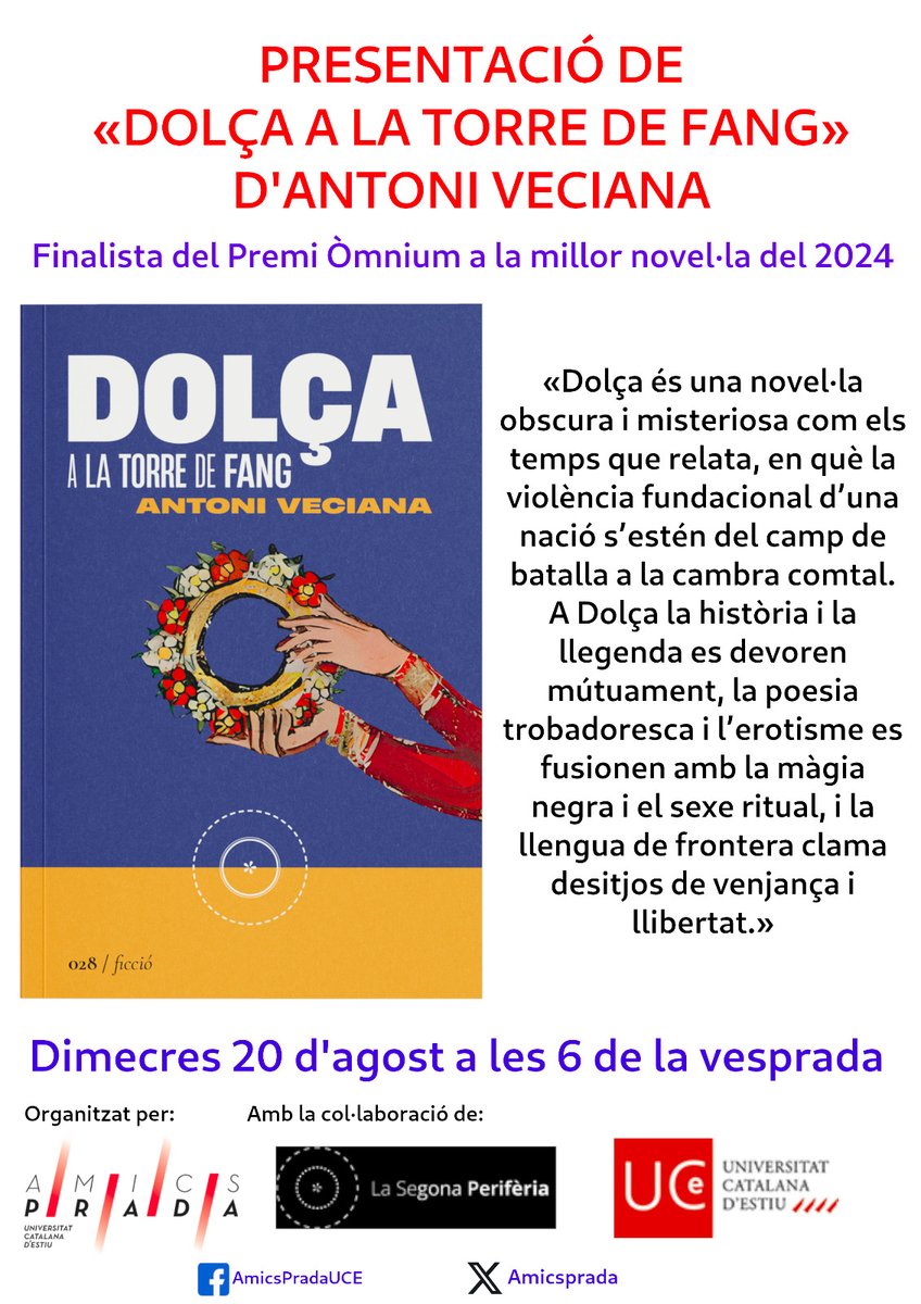 El dimecres 20 d'agost, abans del vermut i les avellanes, presentarem "Dolça a la torre de fang", de l'escriptor reusenc <a href="/antoniveciana/">Antoni Veciana Ribes</a>. Aquesta novel·la, finalista del Premi Òmnium a la  millor novel·la del 2024, està inspirada en la vida de la comtessa  Dolça de Provença.