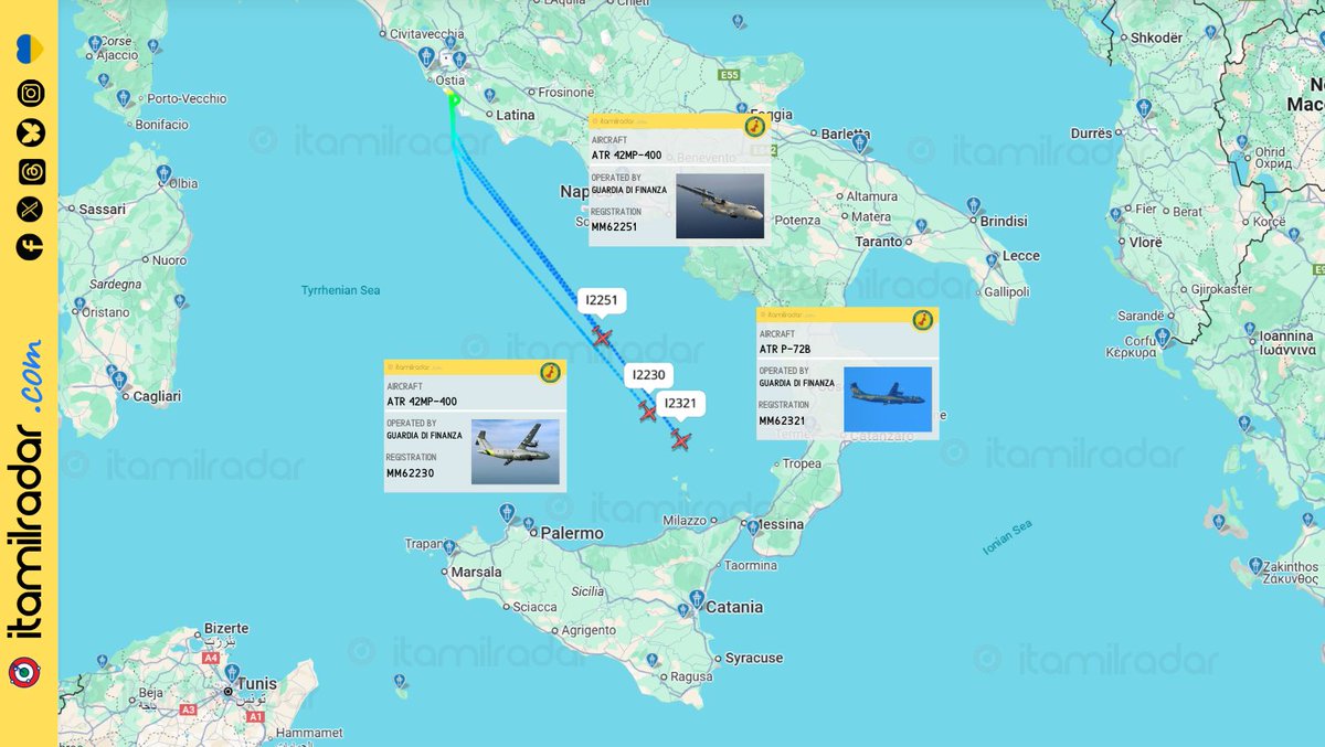 ItaMilRadar's tweet image. "Massive" transfer of Guardia di Finanza ATR aircraft from Pratica di Mare AB to Catania