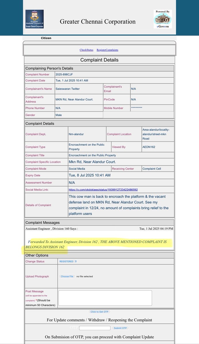 okdokiees's tweet photo. No movement in this complaint since 1/7/25 see screenshot @kgbias @chennaicorp @reclaimchennai @UpdatesChennai @PriyarajanDMK @DavidManohar7 @sumanthraman @omjasvinMD https://t.co/K5bRZFaxDn