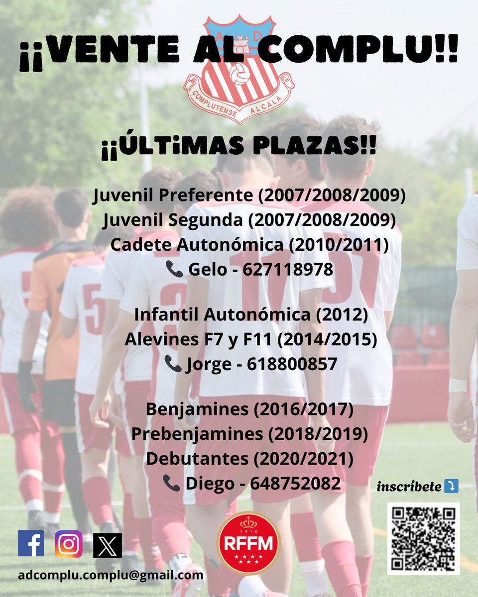 ¡ÚNETE A LA FAMILIA COMPLUTENSE! 🫵🏼

🔸Juvenil Preferente y Segunda
🔸Cadete e Infantil Autonómica
🔸Alevines F7 y F11
🔸Benjamines
🔸Prebenjamines
🔸Debutantes

📝⤵️
goo.su/kySRfIT
➕info📞

¡Os esperamos en el Ferial! 💪🏼⚽️ 

#EsaMaravillosaMinoría 🤫
#VamosComplu
🤍❤️