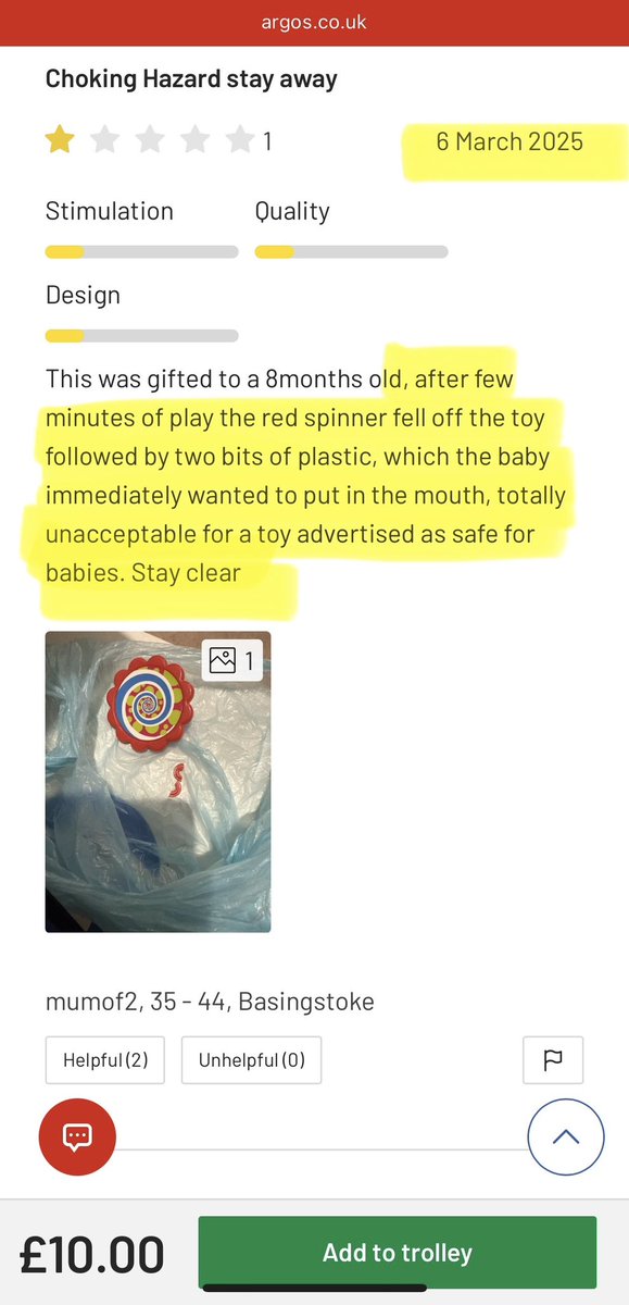 Sweet_Melissa84's tweet photo. I know this because people have been reviewing the toy giving details of the same fault ON ARGOS’ OWN WEB SITE. Absolutely shocking thing to happen and their wholly inadequate response makes it so much worse. I just hope this doesn’t happen to any more babies! (5 of 5) https://t.co/oTwimfM32K
