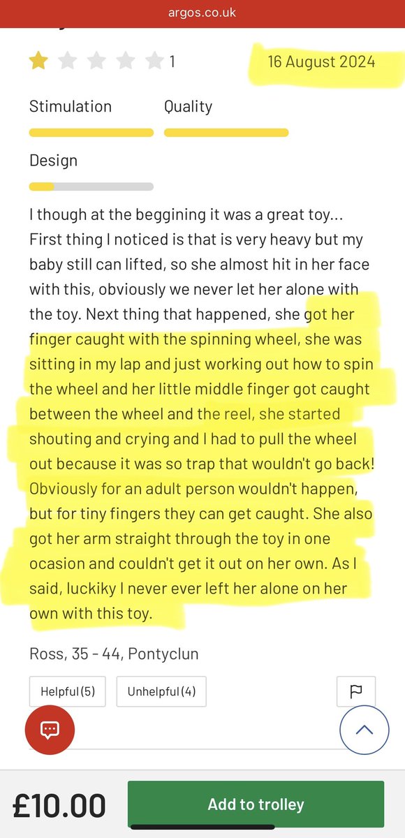 Sweet_Melissa84's tweet photo. I know this because people have been reviewing the toy giving details of the same fault ON ARGOS’ OWN WEB SITE. Absolutely shocking thing to happen and their wholly inadequate response makes it so much worse. I just hope this doesn’t happen to any more babies! (5 of 5) https://t.co/oTwimfM32K
