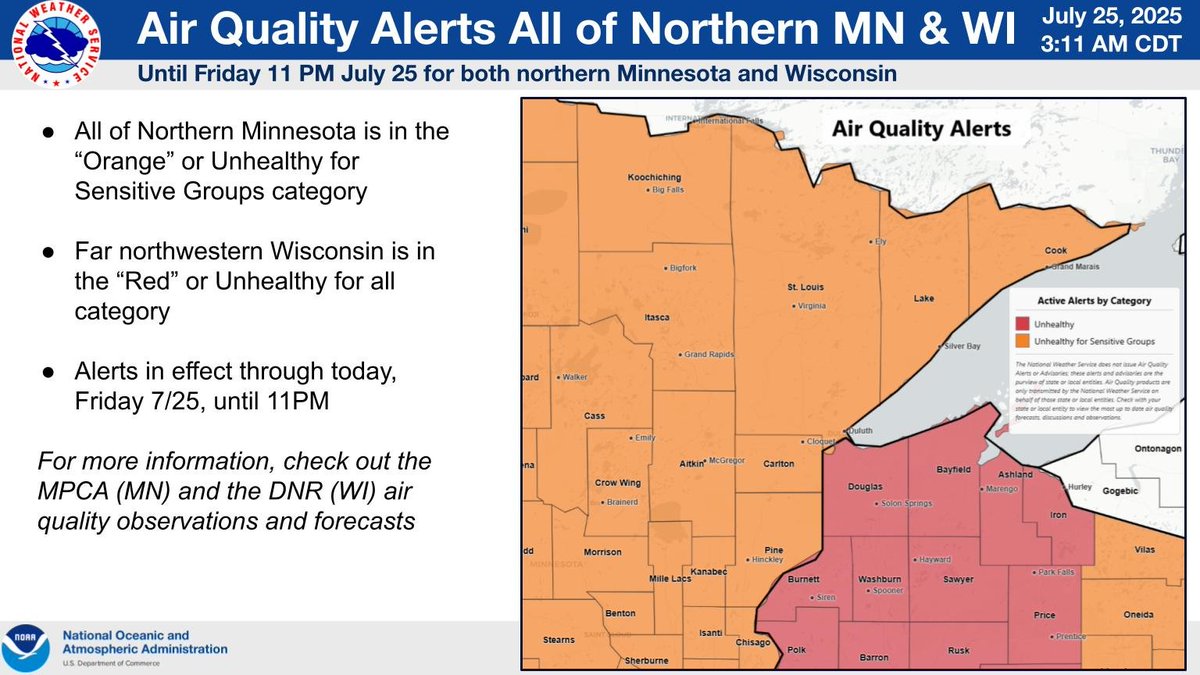 NWSduluth's tweet image. Smoky conditions linger throughout today, though will start to thin once winds switch to the south later today. Air Quality Alerts are in effect until late tonight.