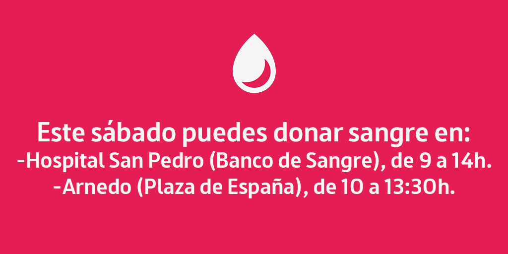 🗓️Este sábado puedes donar sangre en:
🏥#HospitalSanPedro, de 9 a 14h.
🚌#Arnedo. Plaza de España, de 10 a 13:30h.

✅Dona sangre si te encuentras bien de salud y tienes entre 18 y 65 años
☎️941298494
📧bancosangre@riojasalud.es
💻bancosangrerioja.org