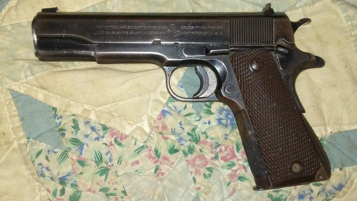 Toneknob7714's tweet photo. my 1942 colt m1911a1 its ben by edc for 22 years now. #2ndAmendment #Colt #WW2 was converted to target specs by the army amu for #NationalMatch at camp perry. https://t.co/iJGLaTuXAe