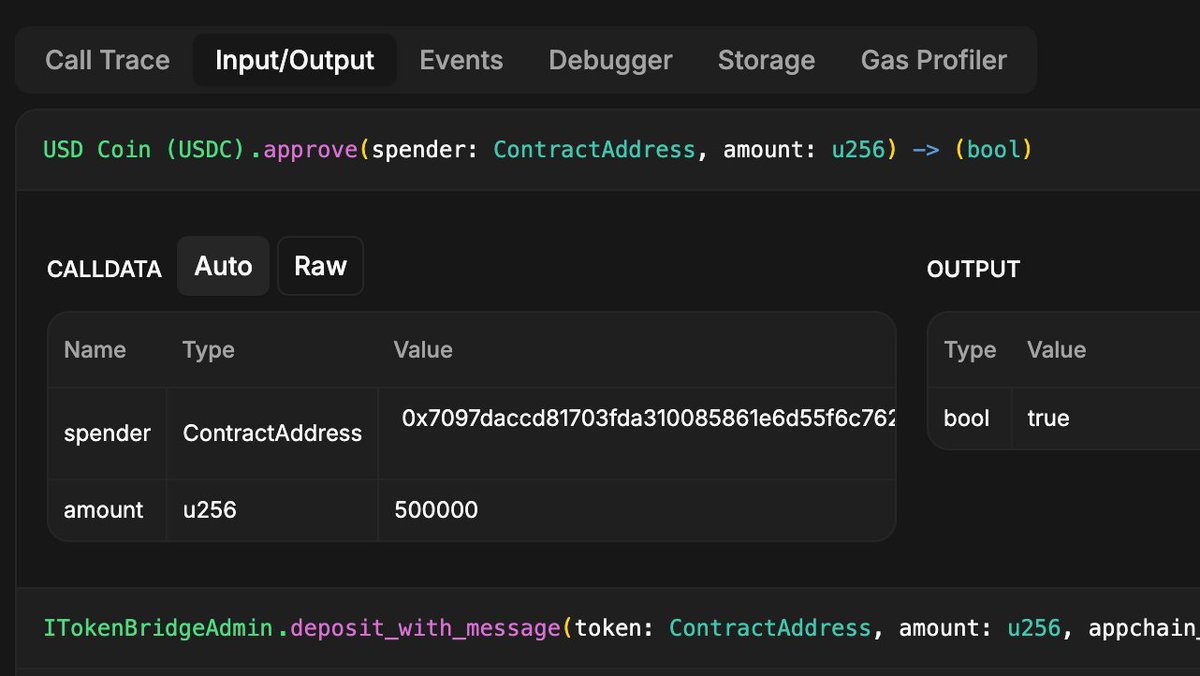 Walnut (@walnut_dev) on Twitter photo π°π© Weekly nuts and bolts π©π°
Introducing a brand new way to inspect top-level contract calls. Let's dive in π
1οΈβ£ New Input/Output Tab β Clean view of input parameters and return values for all top-level contract calls.
2οΈβ£ Collapsed Storage Diffs β Contract State Changes in π°π© Weekly nuts and bolts π©π°
Introducing a brand new way to inspect top-level contract calls. Let's dive in π
1οΈβ£ New Input/Output Tab β Clean view of input parameters and return values for all top-level contract calls.
2οΈβ£ Collapsed Storage Diffs β Contract State Changes in