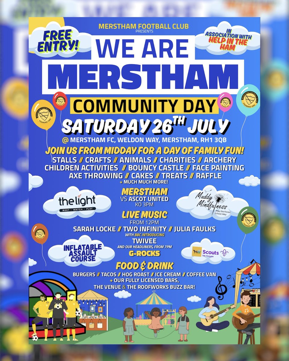 Merstham FC (Official) (@mersthamfc1892) on Twitter photo ๐ง๐ข๐ ๐ข๐ฅ๐ฅ๐ข๐ช!! ๐ช๐
The wait is almost over - We Are Merstham Community Day kicks off tomorrow!
Get ready for live music, stalls, family fun, football, food, drinks and plenty of childrenโs activities - and best of all, itโs FREE ENTRY!!
See you there!
#WeAreMerstham ๐งก๐ค ๐ง๐ข๐ ๐ข๐ฅ๐ฅ๐ข๐ช!! ๐ช๐
The wait is almost over - We Are Merstham Community Day kicks off tomorrow!
Get ready for live music, stalls, family fun, football, food, drinks and plenty of childrenโs activities - and best of all, itโs FREE ENTRY!!
See you there!
#WeAreMerstham ๐งก๐ค