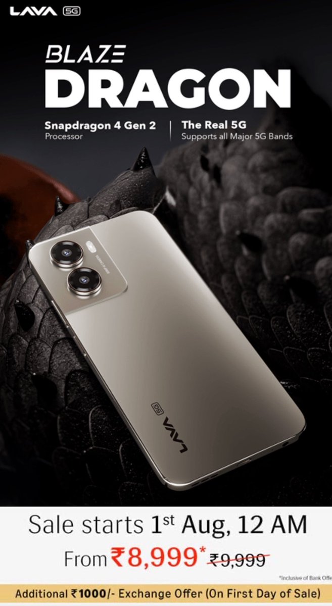 The Indian Dragon has arrived!🔥
Lava Blaze Dragon 5G launched today at the pricing of ₹8999 with Snapdragon 4 Gen 2, UFS 3.1 &amp; LPDDR4X RAM.
Clean Android 15. Sale starts from 1st Aug on Amazon
#LavaBlazeDragon5G #Snapdragon4Gen2 #MadeInIndia

📌Buy Here: amazon.in/b?ie=UTF8&node…