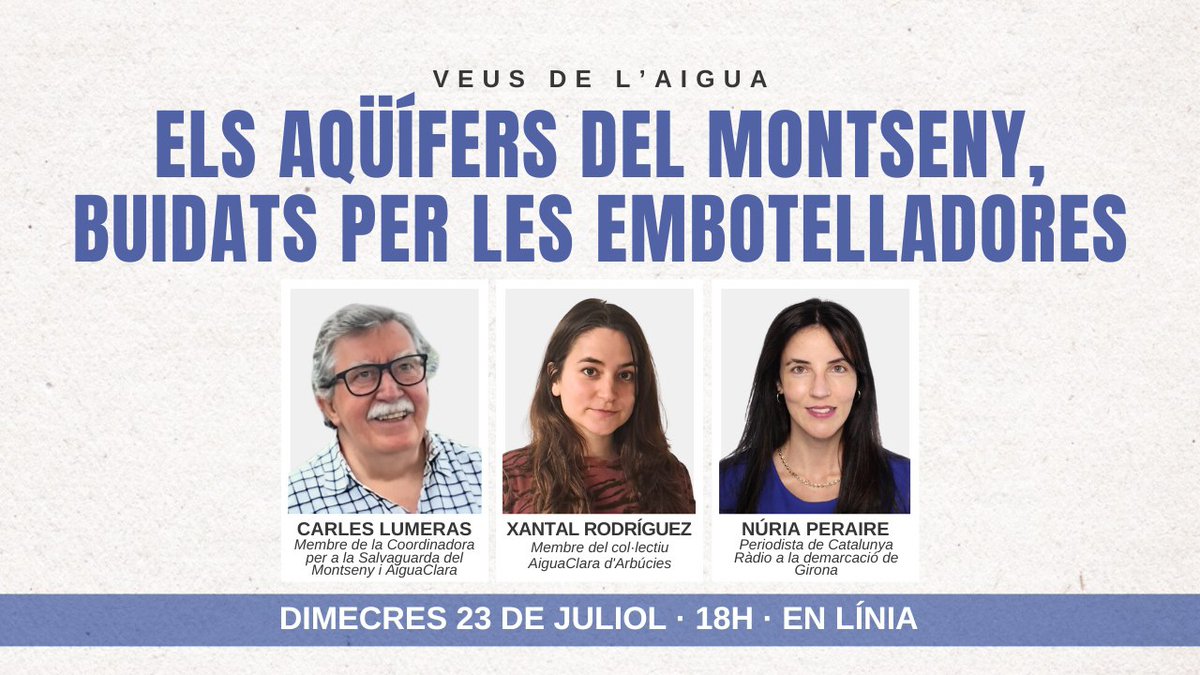 Aigua és Vida (@aiguaesvida) on Twitter photo 🎥 VEUS DE l'AIGUA #5: Els aqüífers del Montseny, buidats per les embotelladores
Escolta al Carles Lumeras (<a href="/csmontseny/">Salvaguarda Montseny</a>) i la Xantal Rodríguez (AiguaClara) explicant l'explotació dels aqüífers profunds del Montseny per part de les embotelladores.
youtube.com/watch?v=Luv1U-… 🎥 VEUS DE l'AIGUA #5: Els aqüífers del Montseny, buidats per les embotelladores
Escolta al Carles Lumeras (<a href="/csmontseny/">Salvaguarda Montseny</a>) i la Xantal Rodríguez (AiguaClara) explicant l'explotació dels aqüífers profunds del Montseny per part de les embotelladores.
youtube.com/watch?v=Luv1U-…
