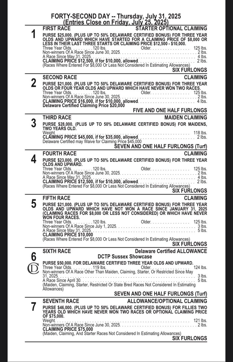 DelParkRacing's tweet image. Taking entries today for day 42 of the 2025 live racing season - Thursday July 31