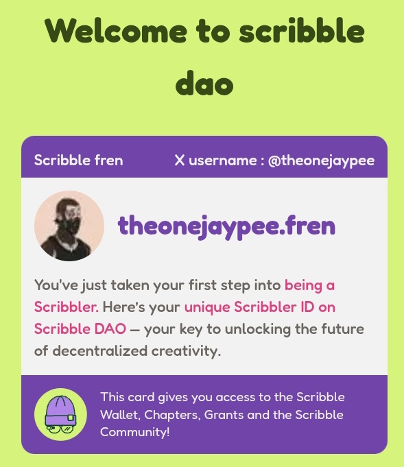 The.One.Jaypee (@theonejaypee) on Twitter photo Just joined the fam.
I look forward to doing great things.
Thank you for the guide <a href="/DavyCrypt_/">DavyCrypt 🦄</a>
And thank you <a href="/netrovertHQ/">Netrovert 🦊</a> for letting us know about this on NOSTALGIA!
Now, theonejaypee.fren🍀
You too can join: scribbledao.com//e7ad5179 Just joined the fam.
I look forward to doing great things.
Thank you for the guide <a href="/DavyCrypt_/">DavyCrypt 🦄</a>
And thank you <a href="/netrovertHQ/">Netrovert 🦊</a> for letting us know about this on NOSTALGIA!
Now, theonejaypee.fren🍀
You too can join: scribbledao.com//e7ad5179