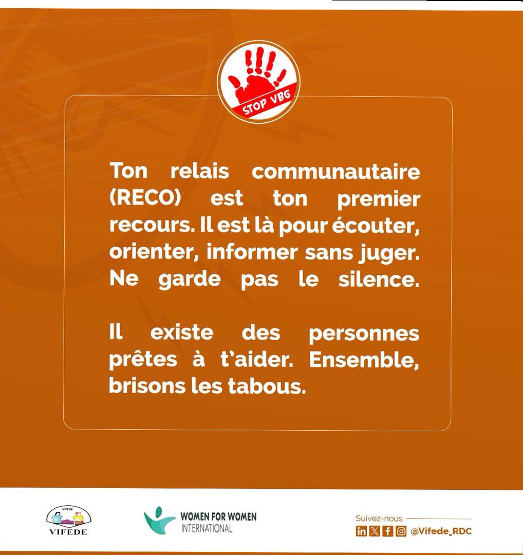 Ton relais communautaire est là pour toi.

Ne reste pas seul·e face aux violences basées sur le genre. Parle-en. Ton #RECO est formé pour t’écouter, t’orienter et t’informer, sans te juger. 

#StopVBG #BrisonsLesTabous #NeGardePasLeSilence #VIFEDE #WomenForWomen #Kitotshe