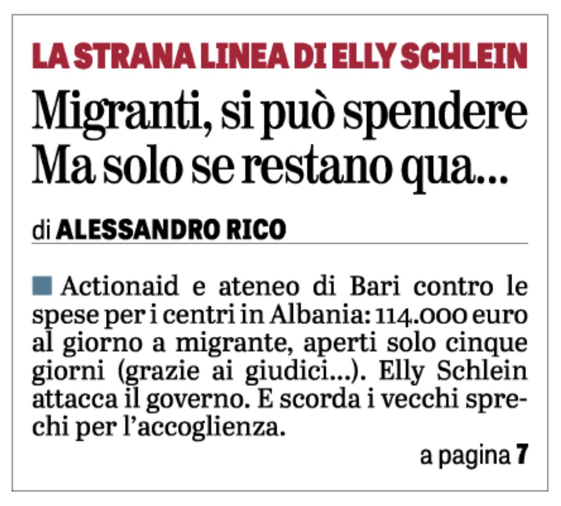 Alessandro Rico 🇮🇹 (@ricoalessandro) on Twitter photo La Schlein piange sulle spese per il Cpr in Albania: “Un insulto agli italiani”. I 15 miliardi negli ultimi 8 anni per accogliere tutti qui cos’erano?
Su <a href="/LaVeritaWeb/">La Verità</a> La Schlein piange sulle spese per il Cpr in Albania: “Un insulto agli italiani”. I 15 miliardi negli ultimi 8 anni per accogliere tutti qui cos’erano?
Su <a href="/LaVeritaWeb/">La Verità</a>