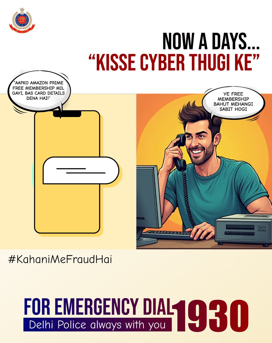 DelhiPolice's tweet image. 💸फ्री मेंबरशिप के लालच में डिटेल्स पूछे, पक्का वो चोर है
सावधान हो जाइए #KahaniMeFraudhai
🛑समझदार बनें किसी अंजान से बैंक डिटेल्स शेयर न करें
#CyberFraud
#OTPScam
#CyberSecurity
#kahani