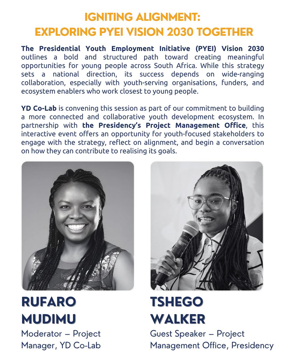 YD Co-Lab (@ydcolabza) on Twitter photo ๐จ You're invited!
Join YD Co-Lab & the <a href="/PresidencyZA/">The Presidency ๐ฟ๐ฆ</a> for a high-impact dialogue on the #PYEI Vision 2030 Strategy.
๐๏ธ 31 July 2025
๐ 11:00โ13:00 SAST
๐ป Virtual | ๐ฉ zoom.us/meeting/registโฆ
Letโs reflect, align & act โ together.
#PYEI2030 #YouthEmployment ๐จ You're invited!
Join YD Co-Lab & the <a href="/PresidencyZA/">The Presidency ๐ฟ๐ฆ</a> for a high-impact dialogue on the #PYEI Vision 2030 Strategy.
๐๏ธ 31 July 2025
๐ 11:00โ13:00 SAST
๐ป Virtual | ๐ฉ zoom.us/meeting/registโฆ
Letโs reflect, align & act โ together.
#PYEI2030 #YouthEmployment
