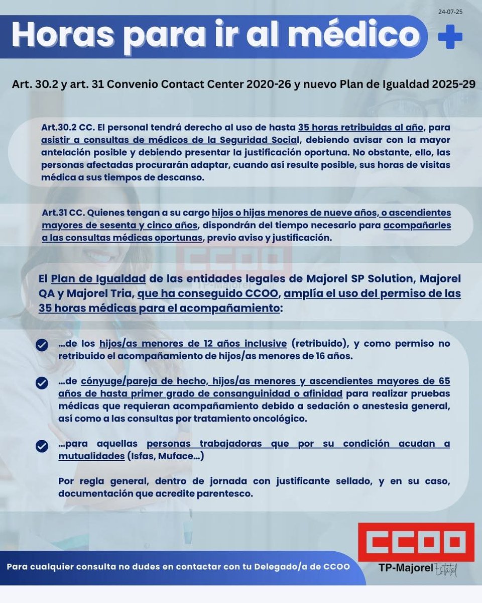 🔴Desde CCOO seguimos consiguiendo avances importantes. 💪Ahora cuentas con más facilidades para asistir a consultas médicas y acompañar a tus familiares cuando lo necesiten, gracias al Convenio Contact Center y al nuevo Plan de Igualdad 2025-2029.

#CCOO #PlanDeIgualdad #salud