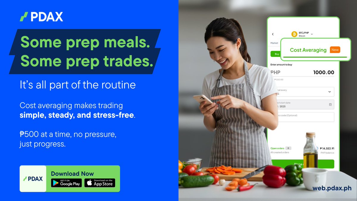 pdaxph's tweet image. Meal prepping, budgeting, and cost averaging are all part of building routines that work for you. 💡
With cost averaging on PDAX, trading can be simple, low-pressure, and consistent with just ₱500 at a time.
#YourNextMoneyMove #CryptoPH