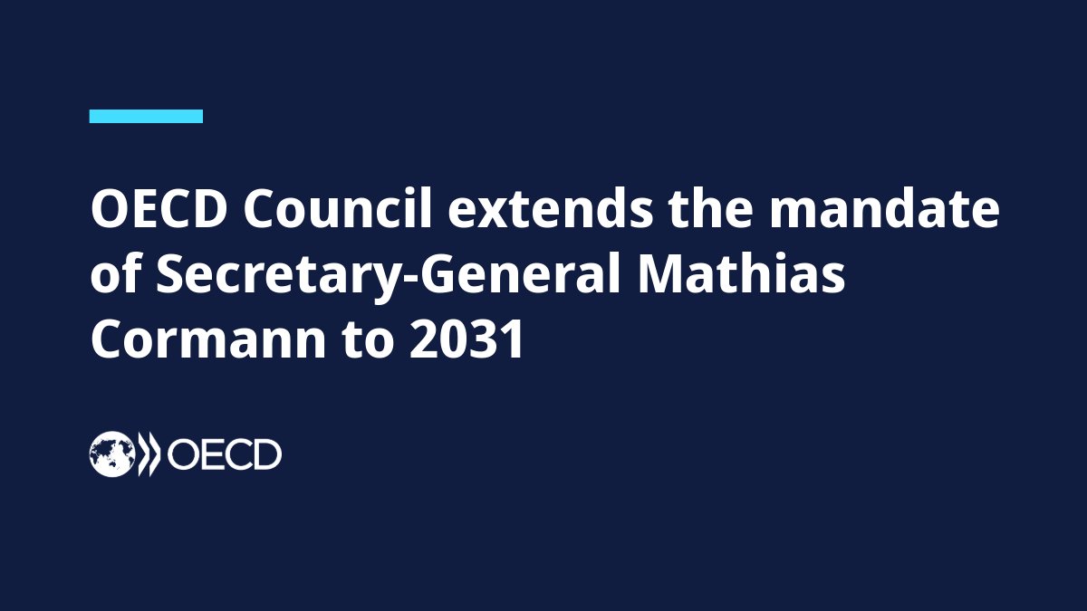 OECD's tweet image. The #OECD Council has today decided to renew the mandate of OECD Secretary-General @MathiasCormann for a second and final 5-year term from 1 June 2026.
🔗oe.cd/68x