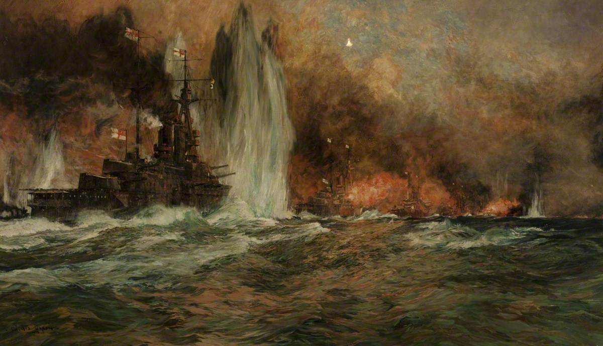 HMWarships's tweet image. The Battle of Jutland, 31 May 1916.
Painting by Charles Dixon (1872–1934), 1916.
Blackburn Museum and Art Gallery (ID: 243)