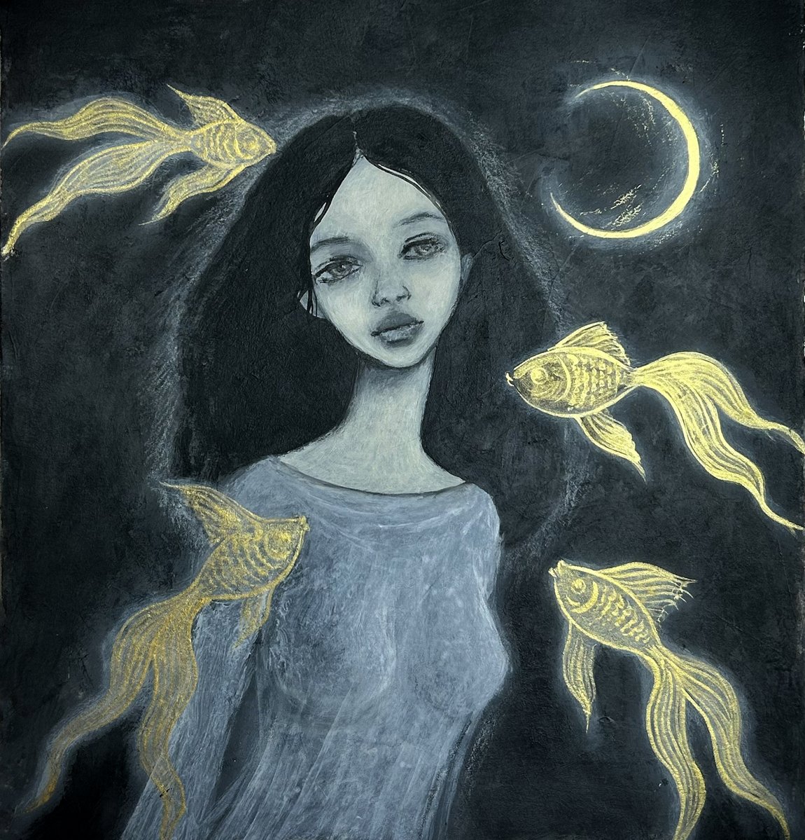 GM with a New Drop
on <a href="/SkurpySocial/">Skurpy</a> 

✨𝐋𝐮𝐧𝐚𝐫 𝐀𝐪𝐮𝐚𝐫𝐢𝐮𝐦
✨OE 2 tezos

They say golden fish only come 
to those who carry silence inside.
Not emptiness — 
but a soft, steady quiet, 
like a room just before sleep...

/acrylic, mixed media on paper/
🔗🔻