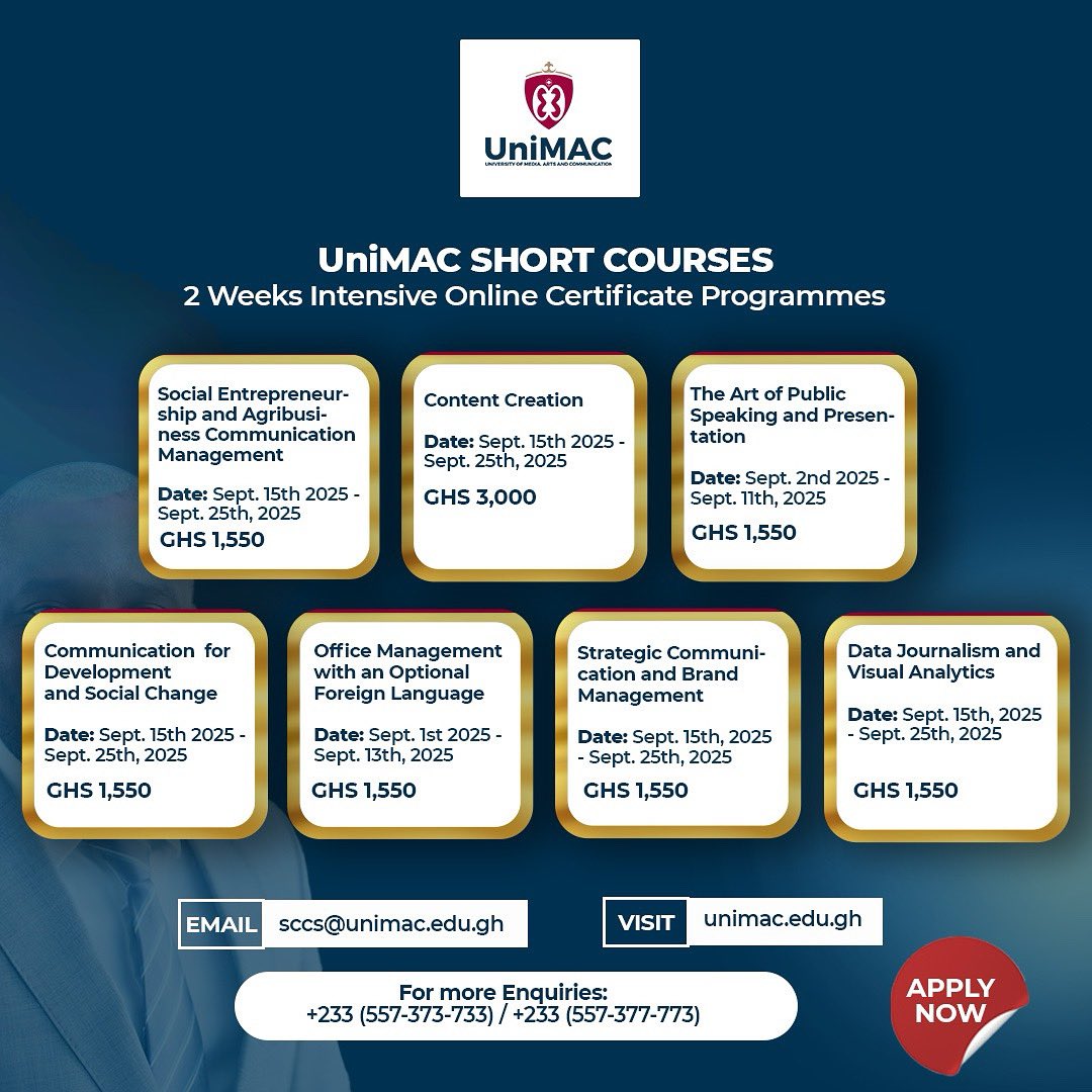 unimac_gh's tweet image. Our short courses are designed to give you practical, in-demand skills in a short amount of time!
Check out the flyer for full details and start dates and most importantly, apply now:
bit.ly/sccsunimac
#ShortCourses