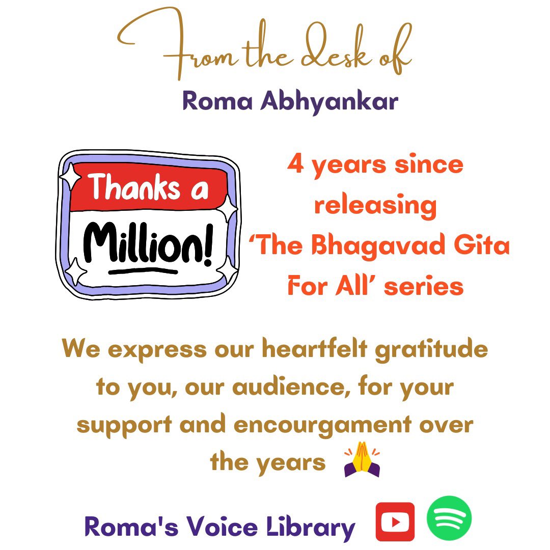 romaabhyankar13's tweet image. As we complete 4 years since the first video on the Bhagavad Gita, here’s expressing our gratitude for you support 🙏🏻
#bhagavadgita #SpiritualJourney