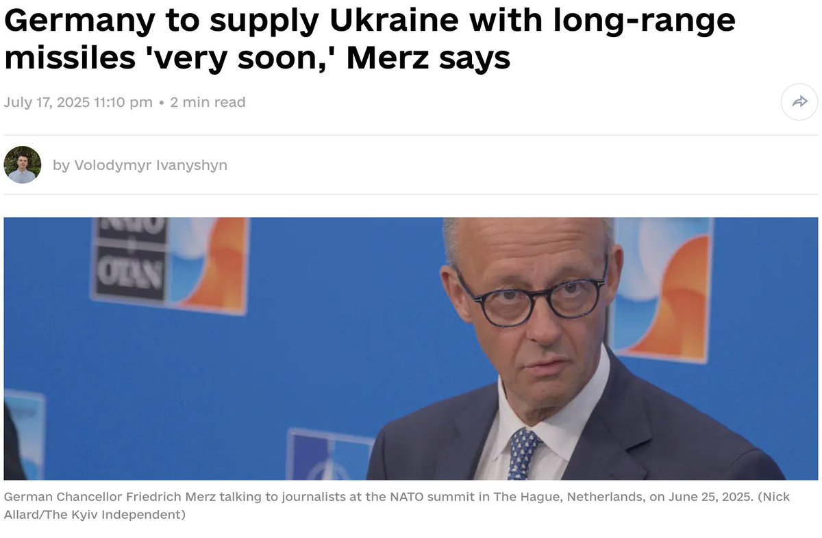 ArmstrongEcon's tweet image. Merz says Ukraine will receive long-range missiles very soon. Ask yourself if Germany were at war with Ukraine and Putin said, here are long-range missiles so that you can attack Berlin and Frankfurt, would Germany look to just Ukraine or to Russia orchestrating the whole war?