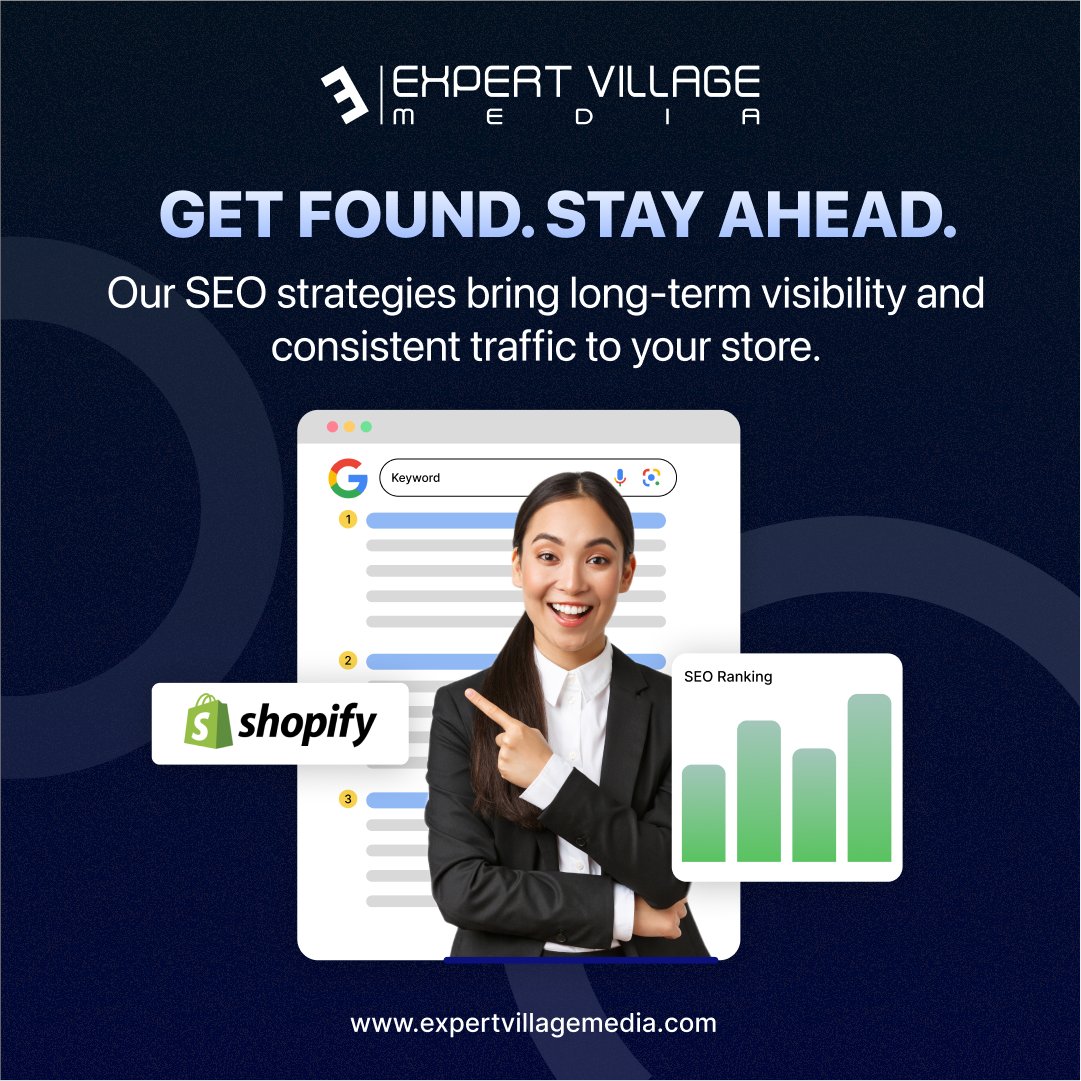 expertvillageme's tweet photo. Get found. Stay ahead.

Our SEO strategies drive consistent traffic &amp; long-term visibility for your Shopify store.

No gimmicks—just real, lasting growth.

👉 Ready to rank? Let’s talk.
https://t.co/f6SkpjX0mk https://t.co/KJVwZCBeuf