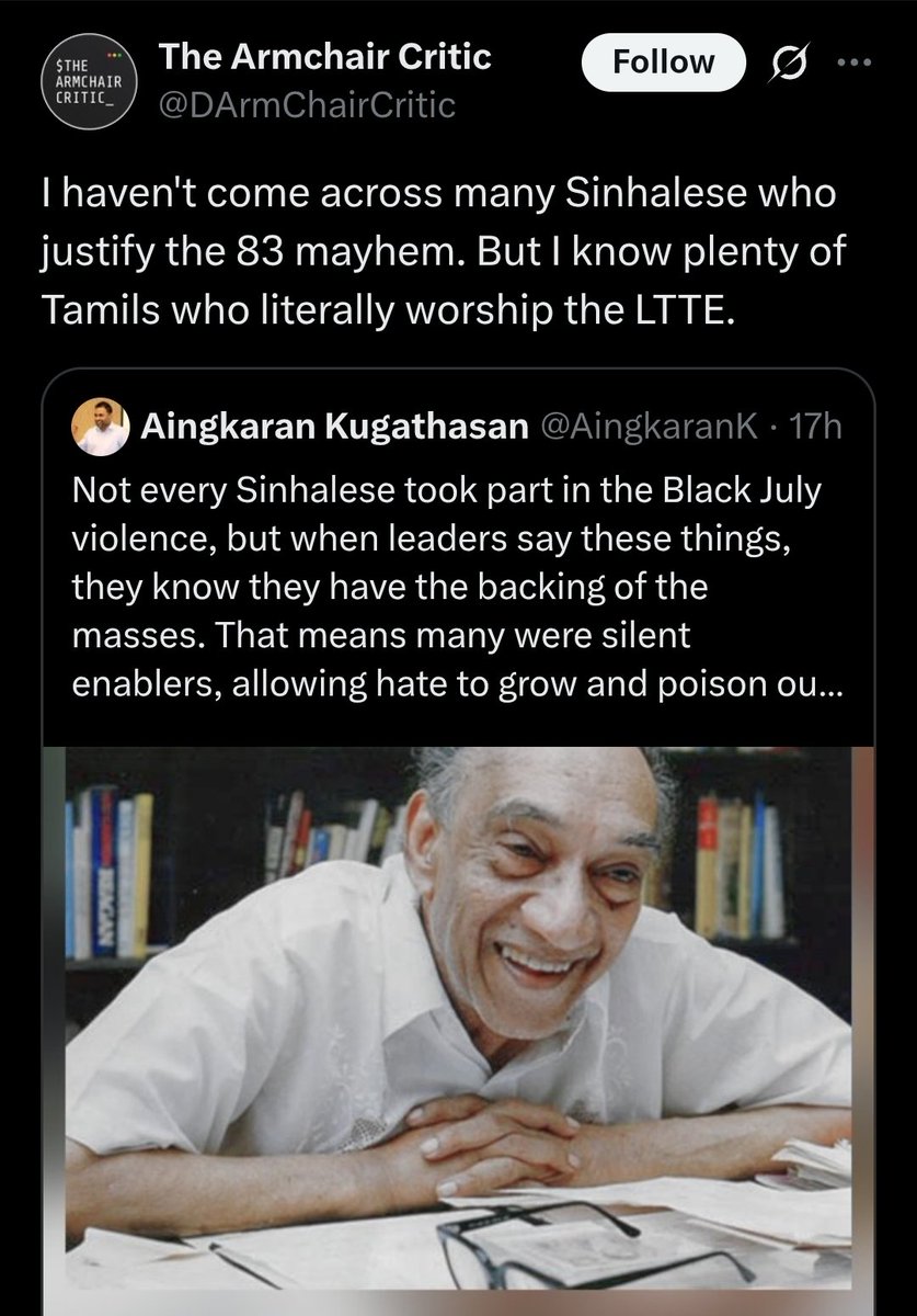 AingkaranK's tweet image. He should probably just stick to cricket. Then again, I am a defender of free speech.
"But I know plenty of Tamils who literally worship the LTTE."
Ever stopped to think why?
Or is that too inconvenient for your brand of political wisdom?
