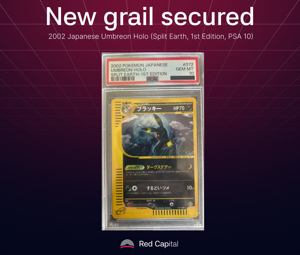 redcap_capital's tweet image. With our first funding round nearly closed, we’re now starting to deploy more capital.
One of the first grails to join the portfolio is the Umbreon Holo from the e-Series. It has huge potential in the months ahead.
If you’re interested in being part of the first Web3 TCG fund,…