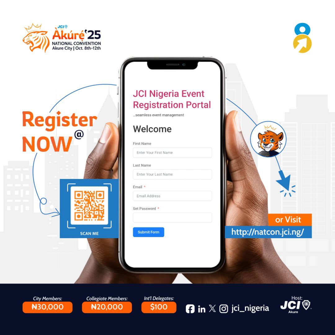 Yet to register for ÀKÚRÉ'25? 

Worry not! The registration process is easy!

To register click natcon.jci.ng or scan the link above. In under 5-7 minutes, you will be done!

And voilà, all roads lead to Akure, Ondo State come October! 🥂

#ELV8
#JCINigeria
#ÀKÚRE2025
