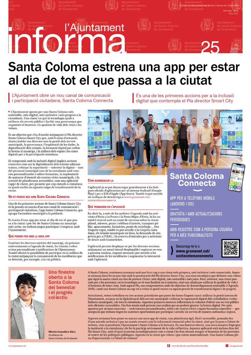 scgramenet's tweet image. Ja podeu accedir al contingut de l’edició d'avui divendres, 25 de juliol 2025, del butlletí municipal L’Ajuntament Informa, que porta el següent títol a la portada:
Santa Coloma estrena una app per estar al dia de tot el que passa a la ciutat
gramenet.cat/fileadmin/File…