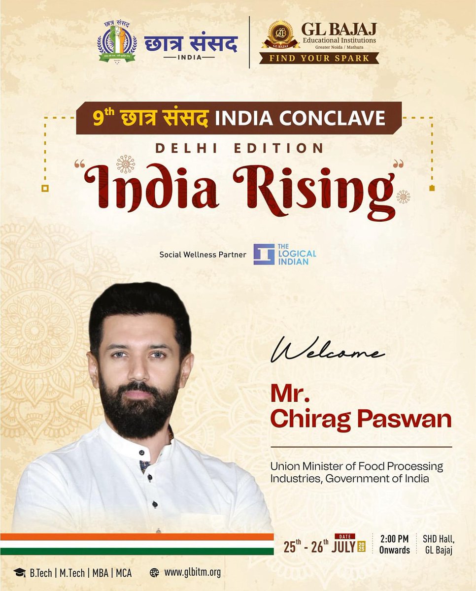 CsindiaOfficial's tweet photo. “From Parliament to the People.” Welcoming Hon’ble Union Minister Shri Chirag Paswan
@iChiragPaswan
to the 9th Chhatra Sansad Conclave at GL Bajaj ITM
@glbajaj 
inspiring youth on politics, purpose &amp; progress!  #ChhatraSansad #YouthLeadership #conclave https://t.co/f4cEDYqI56