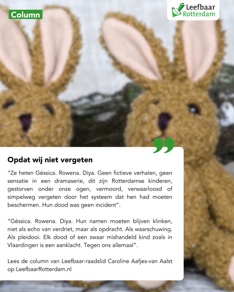 𝗖𝗼𝗹𝘂𝗺𝗻: 𝗢𝗽𝗱𝗮𝘁 𝘄𝗶𝗷 𝗻𝗶𝗲𝘁 𝘃𝗲𝗿𝗴𝗲𝘁𝗲𝗻
Lees de column van Leefbaar-raadslid Caroline Aafjes-van Aalst ➡️ leefbaarrotterdam.nl/nieuws/column-…