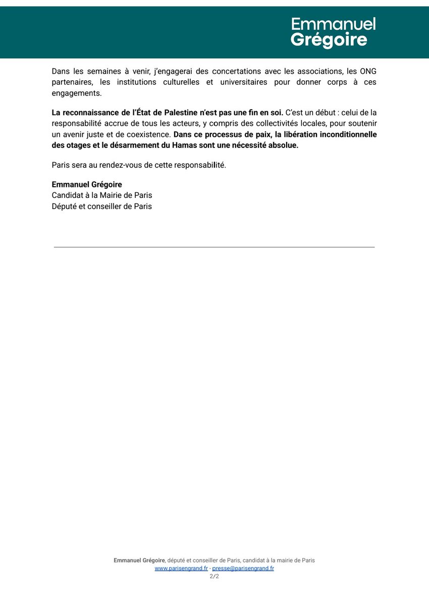 Alors que la France s’apprête à reconnaître officiellement l’État de Palestine, un geste historique que je salue avec gravité et espoir, la Ville de Paris doit prendre toute sa part dans cet élan pour une paix juste et durable entre Israéliens et Palestiniens. Capitale de
