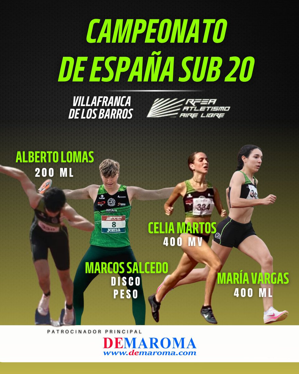 🏆🇪🇸CTO. ESPAÑA SUB 20 AL #Ajalkalá   

Villafranca de los Barros, ¡vamos con todo!  

💚Alberto Lomas - 200ml
🖤Marcos Salcedo - Disco y Peso   
💚Celia Martos - 400mv 
🖤María Vargas - 400ml

@AytoAlcalaH@Alcala_Deporte