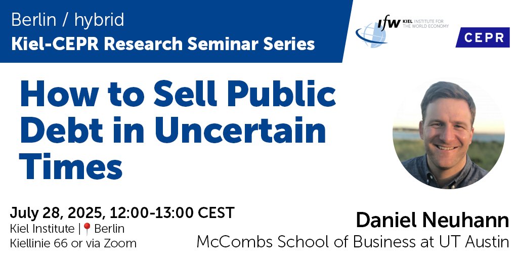 kielinstitute's tweet image. 📢 Join the next Kiel-CEPR Research Seminar! Daniel Neuhann will present on how governments should structure primary sovereign bond markets when investors face asymmetric uncertainty about default risk and total demand 👉 ifw-kiel.de/institute/even…