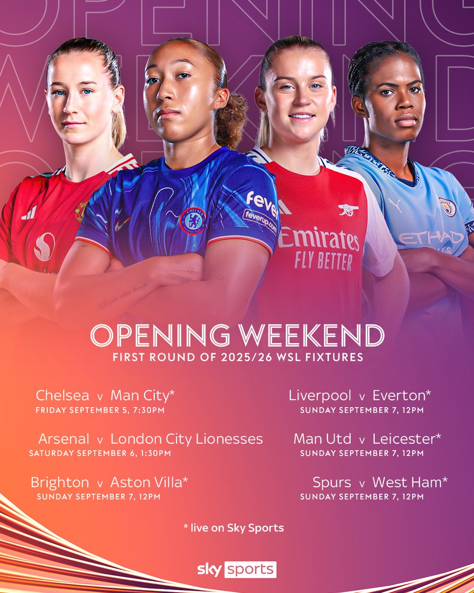 SkySportsWSL's tweet image. The first round of 2025/26 WSL fixtures is here! 🍿
Sky will show nearly 90% of all WSL matches, including 78 exclusively — that’s over 3x more than before! 🤩