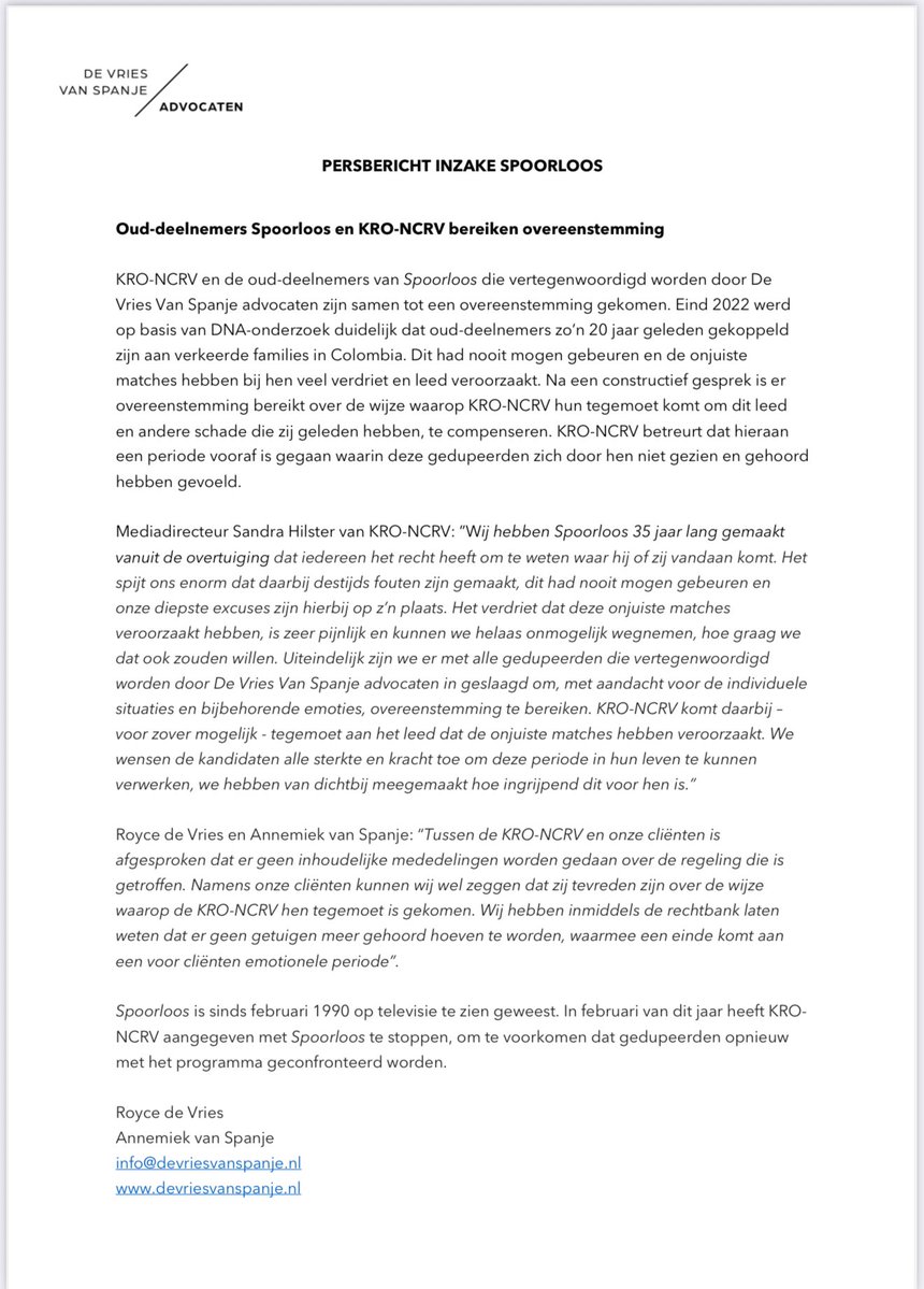 Persbericht inzake Spoorloos: oud-deelnemers van het programma en KRO-NCRV bereiken overeenstemming.