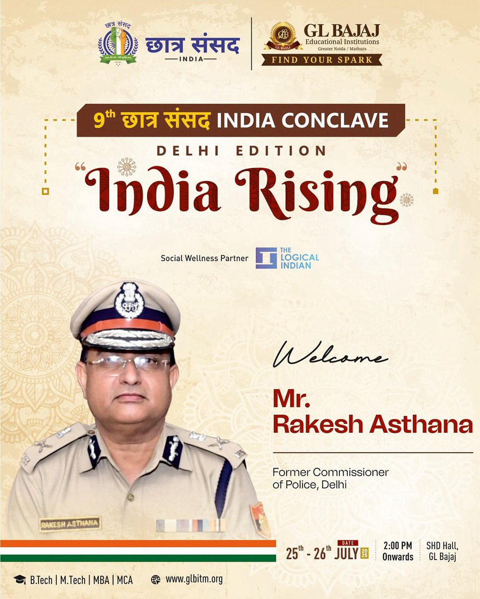 CsindiaOfficial's tweet photo. #9thChhatraSansadConclave #GLBajaj #Viral #RakeshAsthanaReform. Security. Integrity. ✨Former Police Commissioner Rakesh Asthana has been at the heart of India’s law &amp; order evolution. Join his impactful address at GL Bajaj Institute of Technology &amp; Management.@glbajaj https://t.co/Y4APx837IP