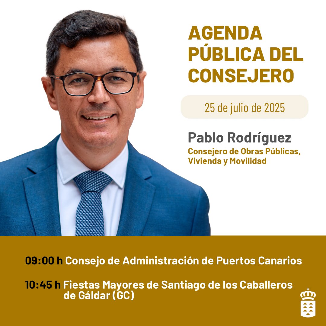 Obras Públicas GobCan (@obras_gobcan) on Twitter photo Esta es la agenda pública del consejero <a href="/PabloRodriguezV/">Pablo Rodríguez Valido</a>
🗓️ 25 de julio
🕘 09:00 h Consejo de Administración de Puertos Canarios (GC)
🕥 10:45 h Fiestas Mayores de Santiago de los Caballeros de Gáldar (GC) Esta es la agenda pública del consejero <a href="/PabloRodriguezV/">Pablo Rodríguez Valido</a>
🗓️ 25 de julio
🕘 09:00 h Consejo de Administración de Puertos Canarios (GC)
🕥 10:45 h Fiestas Mayores de Santiago de los Caballeros de Gáldar (GC)