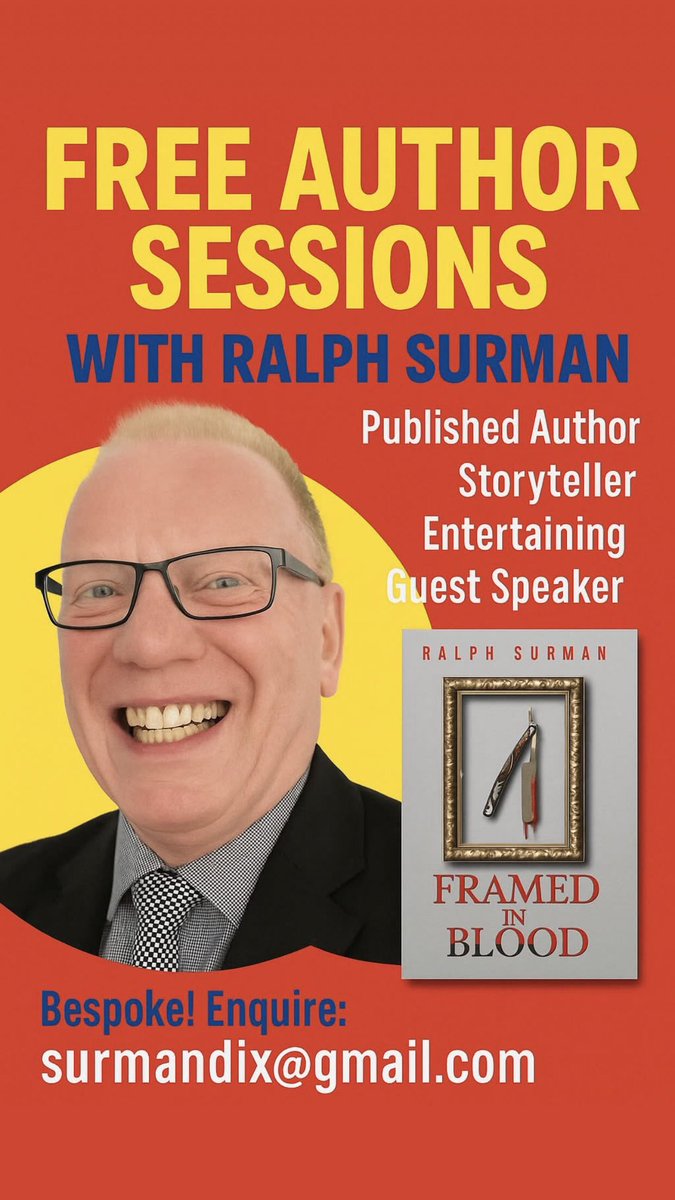 RalphSurman's tweet image. Looking for an engaging event for your library or bookshop?
Author Ralph Surman offers free, entertaining talks for adults — including behind-the-scenes insights from Framed In Blood and hilarious tales from his 40 years in education.
Perfect for book groups & curious minds!…