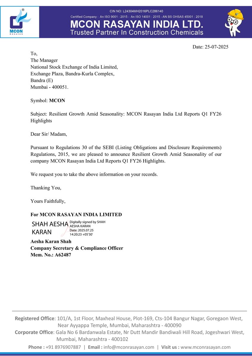 nileshkurhade's tweet image. 📌 MCON Rasayan India Limited informed the exchange about its Q1 FY26 Highlights, reporting Preliminary Revenue grew in the low double digits year-on-year to ₹13 crores, led by strong traction in waterproofing and admixture products. The company operated at ~55% capacity…