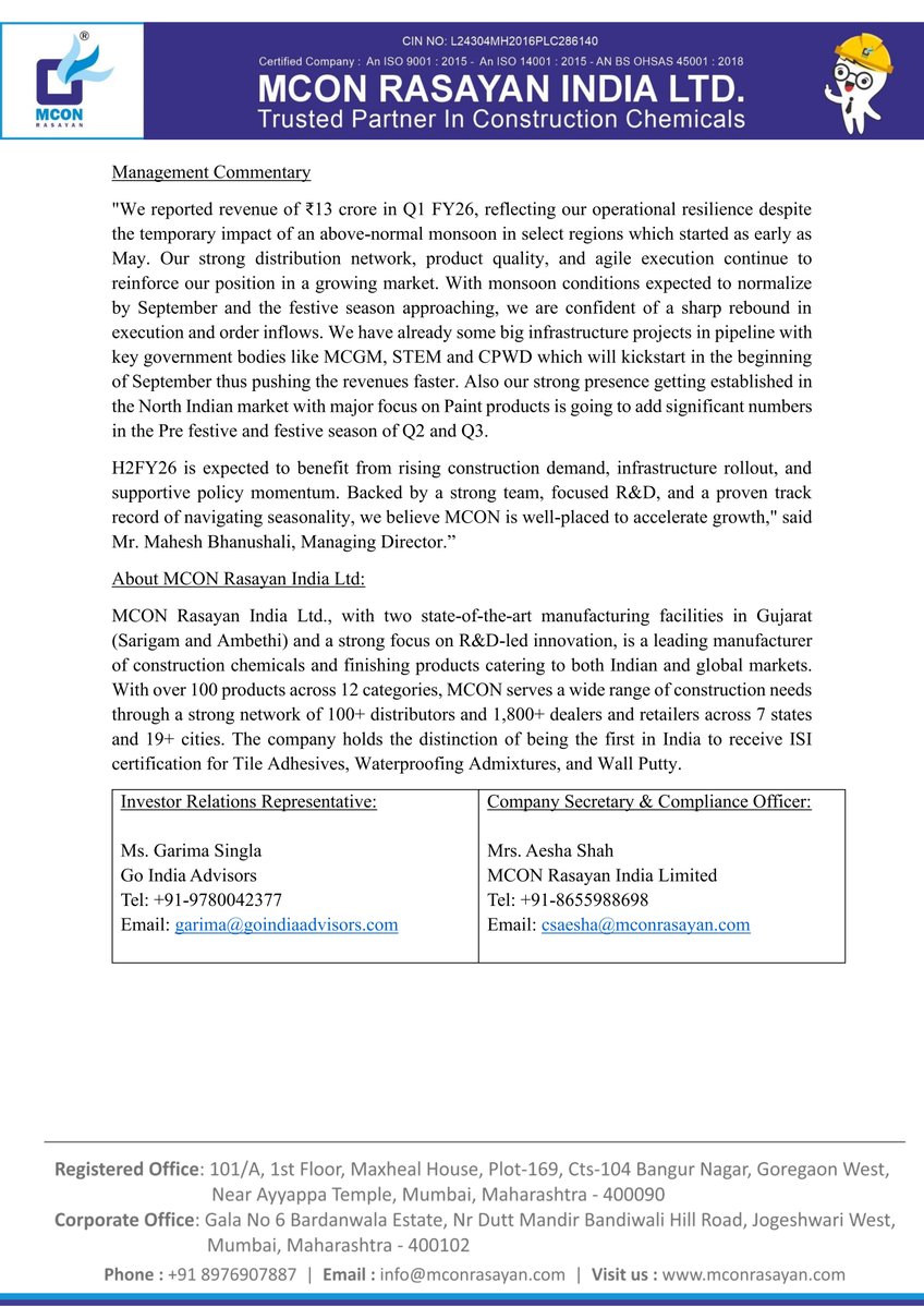 nileshkurhade's tweet image. 📌 MCON Rasayan India Limited informed the exchange about its Q1 FY26 Highlights, reporting Preliminary Revenue grew in the low double digits year-on-year to ₹13 crores, led by strong traction in waterproofing and admixture products. The company operated at ~55% capacity…